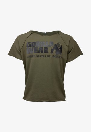 Olijfgroene T-shirt van katoen, met een ronde halslijn en korte mouwen. Zwarte grafische tekst en een gorillalog op de voorkant.