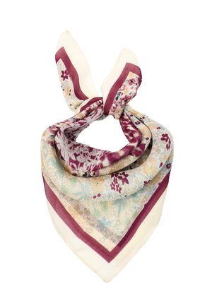 Kwadratowa jedwabna chusta z kwiatowymi wzorami w kolorach burgunda, kremowym, beżowym i pastelowych, złożona i związana luźnym węzłem.