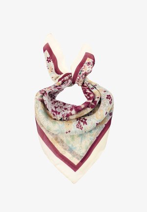 Firkantet silkeskal med blomsterprint i burgunder, creme, beige og pastelfarver, foldet og bundet i en løs knude.