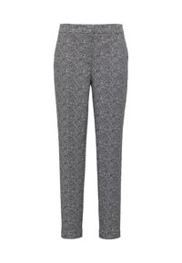 Graue Herringbone-gewebte Hose mit schmaler Passform und elastischem Bund. Der Stoff hat eine strukturierte Oberfläche und zulaufende Beine. Keine sichtbaren Taschen.