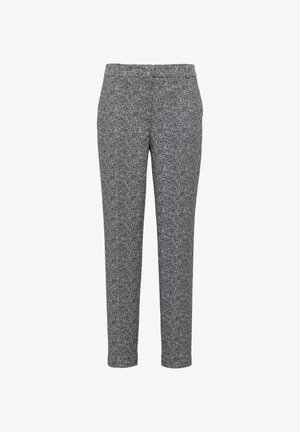 Graue Herringbone-gewebte Hose mit schmaler Passform und elastischem Bund. Der Stoff hat eine strukturierte Oberfläche und zulaufende Beine. Keine sichtbaren Taschen.