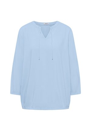 Světle modrá halenka s dlouhými rukávy, kulatým výstřihem a předními zavazovacími šňůrkami, volný střih, elastické manžety a elastický lem, bez vzorů nebo ozdob.