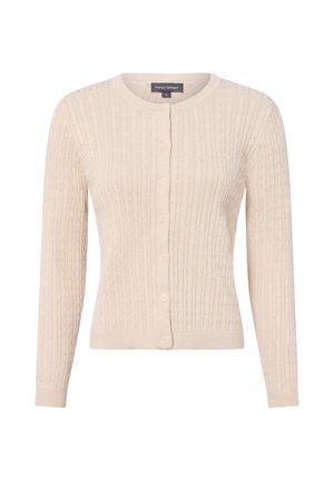 Beiger Zopfmuster-Cardigan mit Rundhalsausschnitt, langen Ärmeln, durchgehender Knopfleiste vorne sowie geripptem Saum und Bündchen.