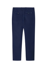 Pantaloni blu navy con taglio dritto, due tasche posteriori con bottoni e passanti per cintura. Tessuto morbido con una texture liscia.