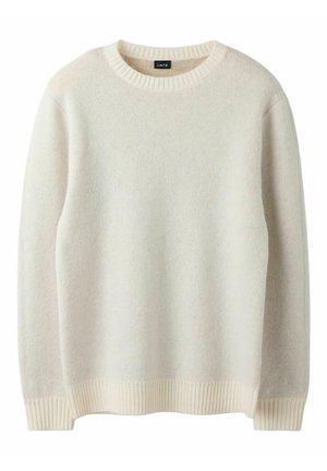 Pull en maille couleur crème à col rond, manches longues, avec poignets et bas côtelés, étiqueté LMTD à l'intérieur à l'arrière du col.