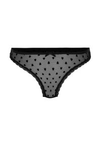 Zwarte doorschijnende string van meshstof met kleine hartpatronen, voorzien van een kanten rand en een strikdetail aan de voorkant.