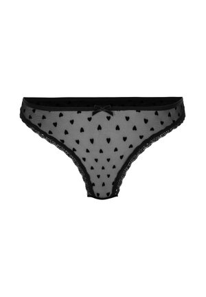 Schwarzer transparenter Tanga aus Netzstoff mit kleinen Herzmotiven, versehen mit einer Spitzenborte und einem Schleifchen in der Mitte vorne.