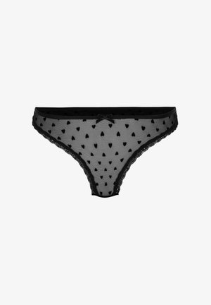 Schwarzer transparenter Tanga aus Netzstoff mit kleinen Herzmotiven, versehen mit einer Spitzenborte und einem Schleifchen in der Mitte vorne.