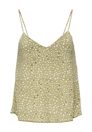 Groene mouwloze top met een V-hals, met witte stippenpatronen, gemaakt van lichte stof, met dunne verstelbare bandjes.