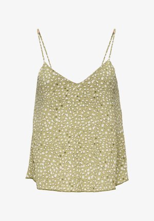 Grünes ärmelloses Oberteil mit V-Ausschnitt, verziert mit weißen Punkten, aus leichtem Stoff und mit dünnen verstellbaren Trägern.
