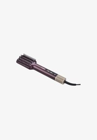 Brosse lissante pour cheveux avec un manche ergonomique violet, des poils en nylon, des boutons de contrôle et une prise texturée accentuée en doré.