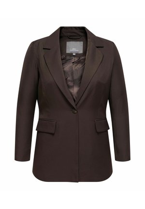 Brown blazer with a single button closure, notched lapels, and two front pockets. Smooth fabric with a satin finish and a lined interior.
