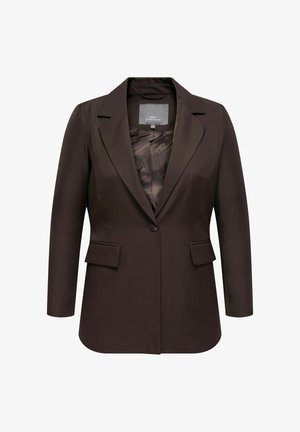 Blazer marron avec une fermeture à un seul bouton, des revers crantés et deux poches avant. Tissu lisse avec une finition satinée et un intérieur doublé.