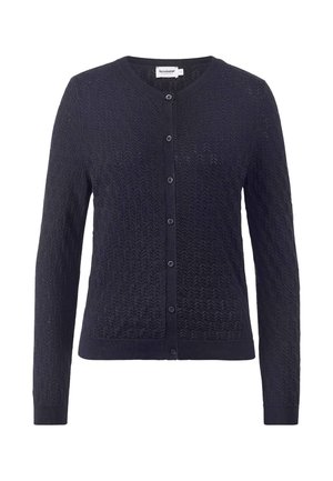 Donsblauwe dames cardigan met lange mouwen, knoopsluiting, gestructureerd breipatroon en geribde manchetten en zoom.