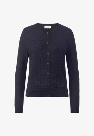 Navy blue women's long-sleeve button-up cardigan with textured knit pattern and ribbed cuffs and hem.