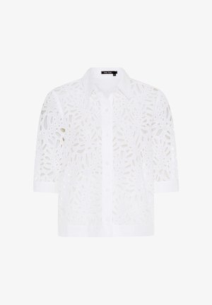 Weißes kurzärmeliges Hemd mit Knopfleiste, floralem Laserausschnittmuster und klassischem Kragen, aus leichtem Stoff gefertigt.