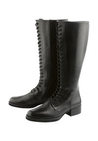 Black leather knee-high boots with a sleek design, featuring a front zipper, lace-up detailing, and a square heel.