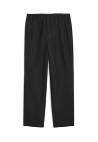 Schwarze, knöchellange Hosen mit einem elastischen Bund, aus glattem Material. Verfügt über dezente Nähte und ein lockeres, gerades Design.