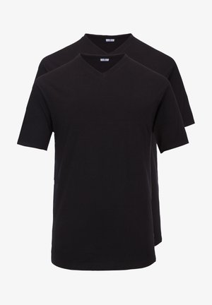 Two black V-neck t-shirts made of cotton, featuring short sleeves and a smooth texture. The shirts are layered, showing front and back.