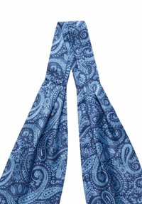 Marinblå scarf med ett paisleymönster i ljusblått. Tillverkad av slätt tyg, med en symmetrisk design som har böjda former och intrikata detaljer.