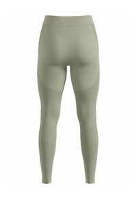 Khaki-grüne Leggings aus geripptem Stoff, mit hohem Bund, strukturierten Einsätzen an den Oberschenkeln und einer eng anliegenden Passform entlang der Beine.