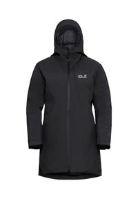 Zwarte waterdichte parka met hoge kraag, verstelbare capuchon, volledige rits en logo op de borst. Gemaakt van glad, duurzaam materiaal.