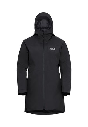 Schwarze wasserdichte Parka mit hohem Kragen, verstellbarem Kapuze, durchgehendem Reißverschluss und Logo auf der Brust. Hergestellt aus glattem, strapazierfähigem Material.