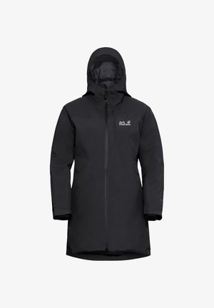 Parka nera impermeabile con colletto alto, cappuccio regolabile, zip integrale e logo sul petto. Realizzata in materiale liscio e resistente.