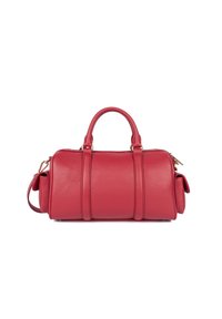 Borsa a tracolla in pelle rossa con superficie texturizzata, forma arrotondata, doppio manico e tracolla rimovibile. Presenta dettagli in metallo color oro.