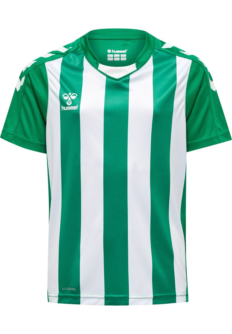 Grön- och vitrandig fotbollsdräkt, kortärmad, tillverkad av lättviktsmaterial, med v-ringning och logotyp på bröstet.