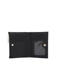 Portafoglio nero con chiusura a zip e accenti dorati. Presenta diversi scomparti per carte, una finestra trasparente per l'ID e un tessuto testurizzato rigido.