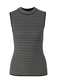 Top sin mangas en blanco y negro con cuello alto, que presenta un patrón texturizado de pequeñas rayas. Tela suave con un diseño ajustado.