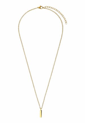 Dunne gouden ketting met een kleine rechthoekige hanger en een verstelbare sluiting op een witte achtergrond.