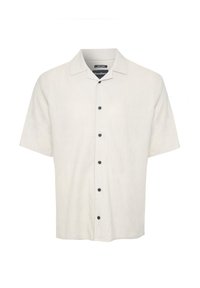 Kurze Ärmel Hemd aus hellembeige Leinen, mit einem Punktkragen und fünf schwarzen Knöpfen auf der Vorderseite.