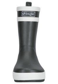 Botte de pluie en caoutchouc noir avec des bandes d'accent horizontales blanches et une semelle texturée. Équipée d'une tirette robuste à l'arrière pour un enfilage facile.