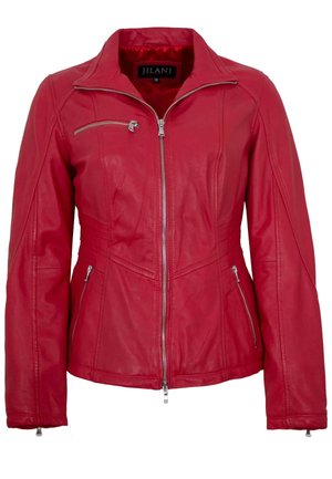 Rote Lederjacke mit Frontreißverschluss, zipptaschen an Brust und Seiten, taillierte Passform und Stehkragen.
