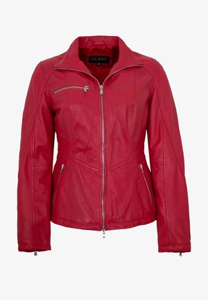 Rote Lederjacke mit Frontreißverschluss, zipptaschen an Brust und Seiten, taillierte Passform und Stehkragen.