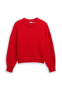 Jasnoczerwona, długi rękaw, dzianinowy sweter z prążkowanym okrągłym dekoltem, mankietami i krawędzią, wyłożony na płasko na białym tle.