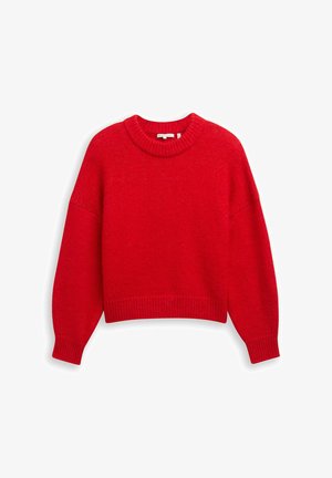 Suéter de punto de manga larga de color rojo brillante con cuello redondo, puños y ribete acanalados, mostrado plano sobre un fondo blanco.