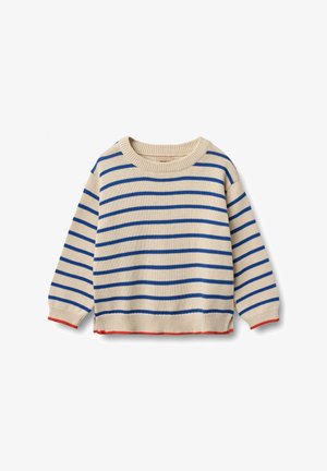 Sweter w paski w kolorze beżowym z niebieskimi paskami i czerwonymi akcentami. Posiada okrągły dekolt i luźny krój, wykonany z miękkiego dzianinowego materiału.