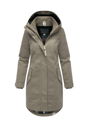 Grå uldblandingsfrakke med hætte, lynlåslukning, to forlommer og mønstret foring. Har en tætsiddende pasform og knapdetaljer.