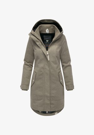 Grå uldblandingsfrakke med hætte, lynlåslukning, to forlommer og mønstret foring. Har en tætsiddende pasform og knapdetaljer.