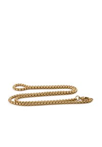 Cadena de metal dorado con eslabones rectangulares entrelazados, que presenta un gancho y un lazo en un extremo para su sujeción. Acabado suave en toda su superficie.
