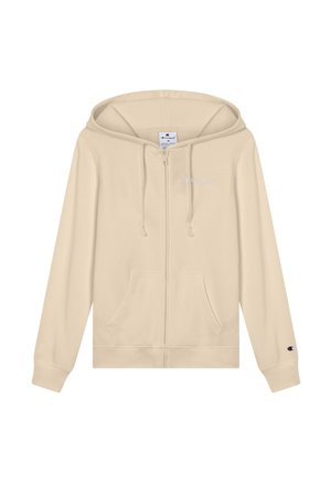 Beige Kapuzenjacke mit Reißverschluss, Kordelzug, Fronttaschen und kleinen aufgestickten Markenlogos auf der Brust und am linken Ärmelbündchen.