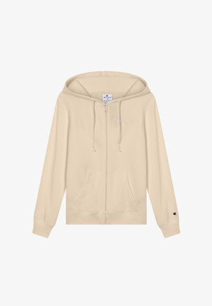 Beige Kapuzenjacke mit Reißverschluss, Kordelzug, Fronttaschen und kleinen aufgestickten Markenlogos auf der Brust und am linken Ärmelbündchen.