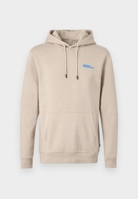Beige hooded sweatshirt made of soft fabric, featuring a front pocket, drawstring hood, and a blue logo on the chest.