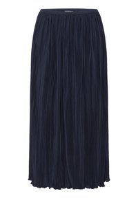 Marinblå plisserad kjol gjord av lättviktig tyg, har en elastisk midja och faller nedanför knäet med en flödande, texturerad design.