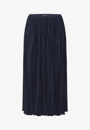 Granatowa spódnica w plisy wykonana z lekkiego materiału, z elastycznym paskiem w talii, sięgająca poniżej kolan, o swobodnym, teksturowanym wzorze.