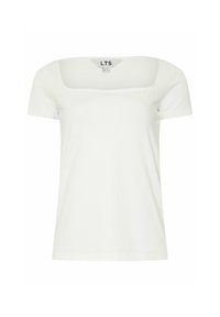 T-shirt bianca a maniche corte con scollatura quadrata, realizzata in tessuto morbido. Design semplice senza fantasie o accenti aggiuntivi.