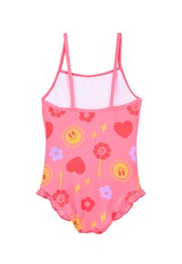 Maillot de bain rose avec des bretelles fines, des bordures à volants, comportant des motifs colorés de fleurs et de cœurs, en matériau extensible.